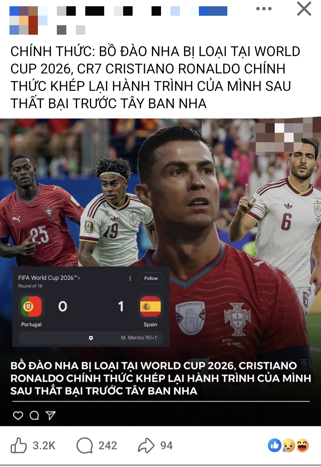Bồ Đào Nha thua Tây Ban Nha ở vòng 1/8 World Cup 2026.