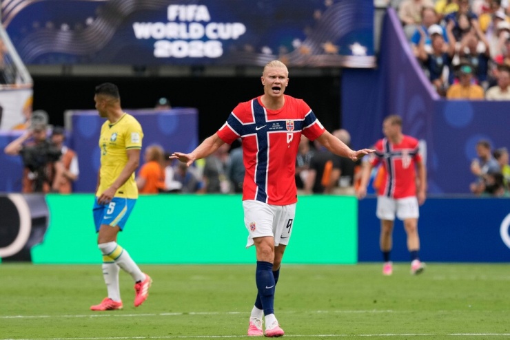 Tiền đạo Erling Haaland trong trận Na Uy thắng Brazil 2-1 ở vòng 1/8 World Cup 2026 trên sân East Rutherford, New Jersey, New York, Mỹ ngày 5/7. Ảnh: AP