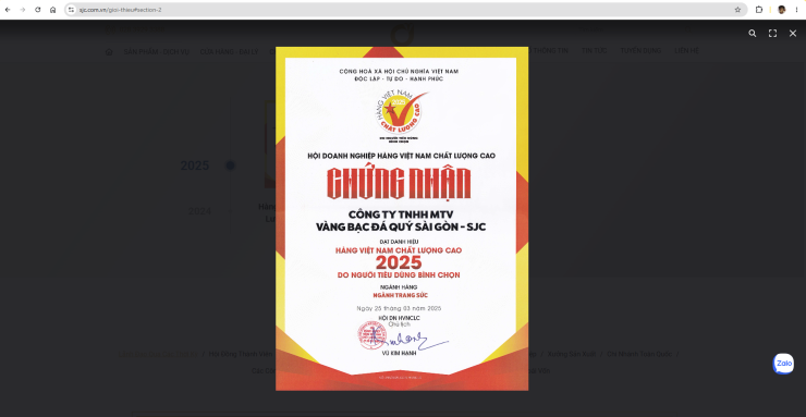 SJC công bố Chứng nhận hàng Việt Nam chất lượng cao năm 2025 tại website của doanh nghiệp. Ảnh chụp màn hình.