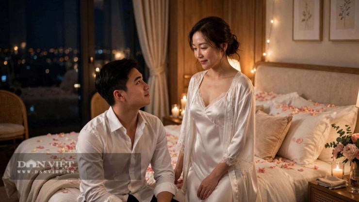 Đêm tân hôn, Nhi từ phòng tắm bước ra. Cô ấy mặc một bộ lụa màu ngà...