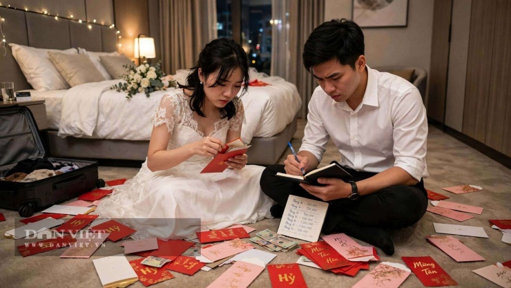 Đêm tân hôn, chúng tôi sà xuống sàn, giữa một đống phong bì đủ màu.