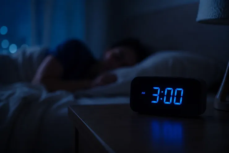 Tránh nhìn đồng hồ khi tỉnh giấc giữa đêm có thể giúp bạn bớt căng thẳng vì mất ngủ, từ đó dễ ngủ lại hơn. Ảnh được tạo bởi AI