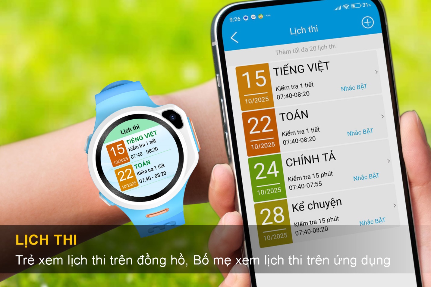 Lịch thi và nhắc nhở ôn bài trên đồng hồ myALO giúp trẻ chủ động trong học tập