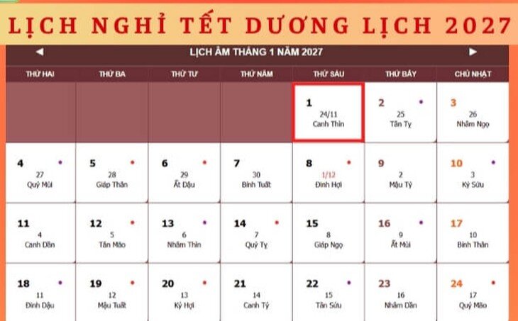 Tết Dương lịch 2027 người lao động được nghỉ 3 ngày liên tiếp.