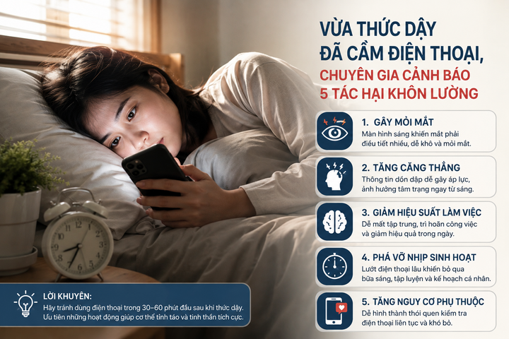 Sáng vừa thức dậy đã lướt điện thoại, chuyên gia cảnh báo 5 tác hại.