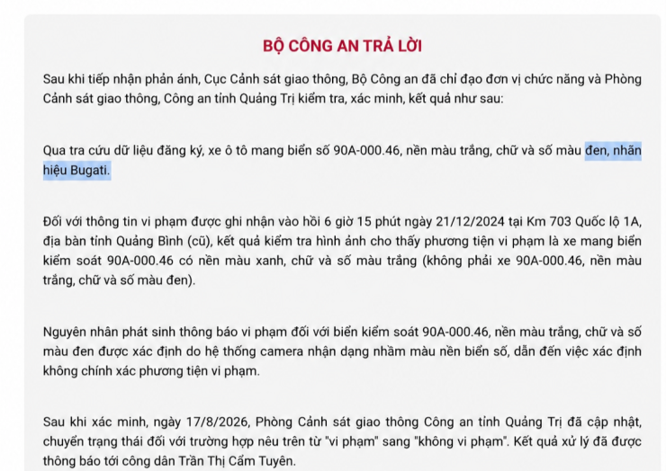 Thông tin Bộ Công an trả lời công dân về trường hợp gỡ cảnh báo "phạt nguội" đối với xe ô tô biển số 90A-000.46. Ảnh chụp Cổng thông tin điện tử Bộ Công an.