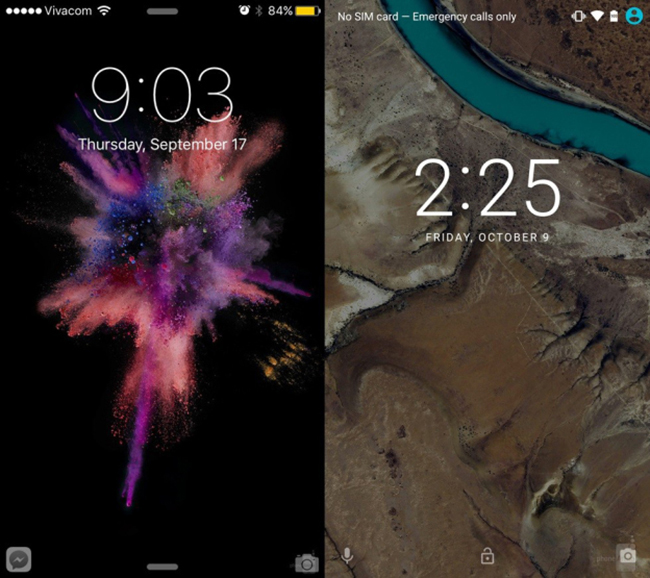 iOS 9 hiện đang có sẵn trên iPhone 6S, iPhone 6S Plus, và cũng có thể cập nhật từ các thiết bị cũ như iPhone 4S và iPad mini 2, trong khi đó Android 6.0 chỉ mới chạy trên các dòng điện thoại Nexus mới nhất của Google, bao gồm Nexus 5X và Nexus 6P cũng như một số dòng Nexus cũ. Trong ảnh là màn hình khóa của iOS 9 và Android 6.0.