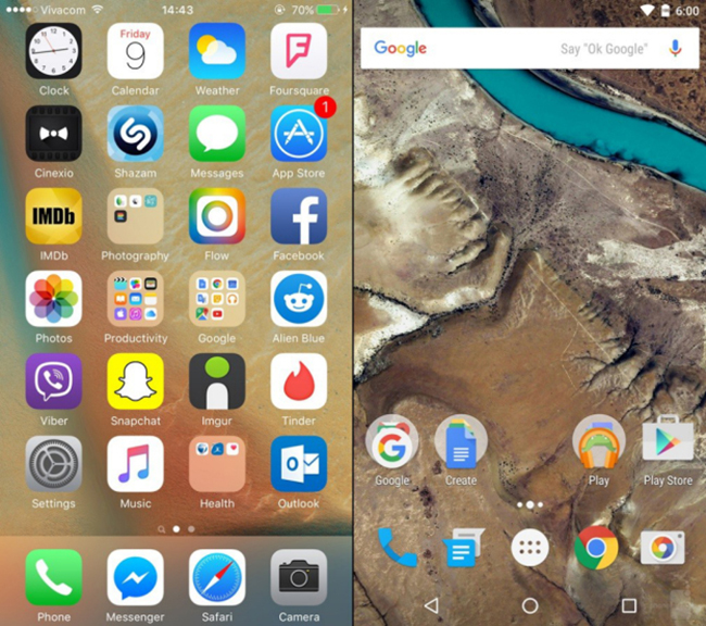Giao diện hiển thị danh sách ứng dụng của iOS 9 &#40;bên trái&#41; và Android 6.0 &#40;bên phải&#41;. Để mở danh sách ứng dụng đầy đủ trên Android 6.0, người dùng phải nhấn thêm vào biểu tượng màu trắng ở cạnh dưới màn hình.