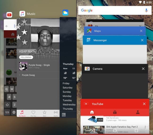 Chế độ đa nhiệm của iOS 9 sắp xếp các giao diện xếp dọc nhau tương tự Android 5.0 trở về trước, trong khi Android 6.0 đã chuyển thành dạng phân tầng ngang.