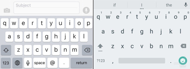 Bàn phím mặc định trên iOS 9 &#40;bên trái&#41; và Android 6.0 &#40;bên phải&#41;.