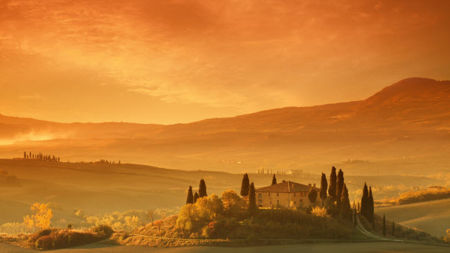 Những ngọn đồi phủ đầy sắc cam và vàng trong buổi bình ming ở&nbsp;vùng Tuscany, Italia.