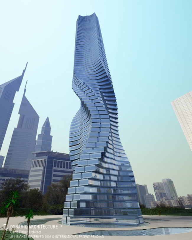 Tòa nhà tự chuyển động Rotating Tower ở Dubai. Với thiết kế đặc biệt, Rotating Tower có thể quay tròn 360 độ quanh một trục chính, được điều khiển bởi 79 tuabin chạy bằng sức gió.&nbsp;