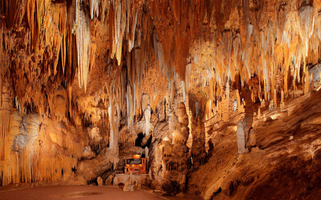 Trong hệ thống hang động 400 triệu năm tuổi Luray Caverns tại vùng hẻo lánh ở bang Virginia của Mỹ, du khách sẽ có cơ hội thấy nhạc cụ lớn nhất thế giới là cây đàn organ Great Stalacpipe được xây dựng vào năm 1954. &nbsp;Ngoài ra, bạn cũng có thể chiêm ngưỡng vẻ đẹp của nhũ đá trong hệ thống hang động này.