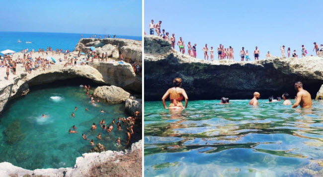 Grotta Della Poesia, Roca Vecchia, Italia: Nằm trên bờ biển Adriatic, hố Grotta Della Poesia là địa điểm lý tưởng để tắm mát dưới trời nắng ở vùng Địa Trung Hải.