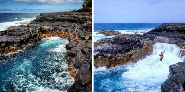 Queen&#39;s Bath, Hawaii: Đây là bể bơi tự nhiên hình thành khi thủy triều dâng trên đảo Kauai. Thời điểm an toàn nhất để tới địa điểm này là vào mùa hè khi sóng và thủy triều bình lặng hơn.