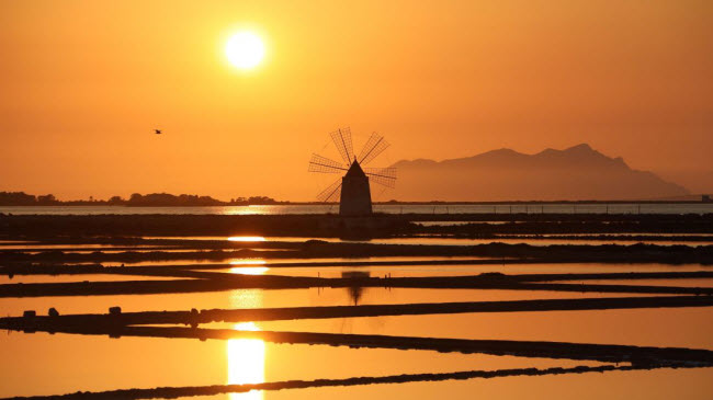 Mặt trời lặn trên cối xay gió tại thị trấn ven biển Marsala, Italia.