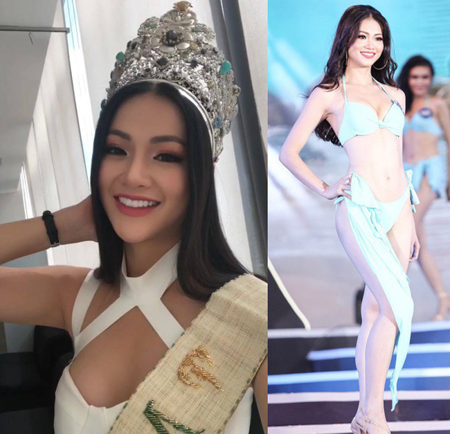 Ảnh trái là Phương Khánh trong ngày đầu tiên làm hoa hậu (4.11), còn ảnh phải là lúc cô nàng đi thi Hoa hậu Biển Việt Nam Toàn cầu 2018 hồi tháng 4.2018.