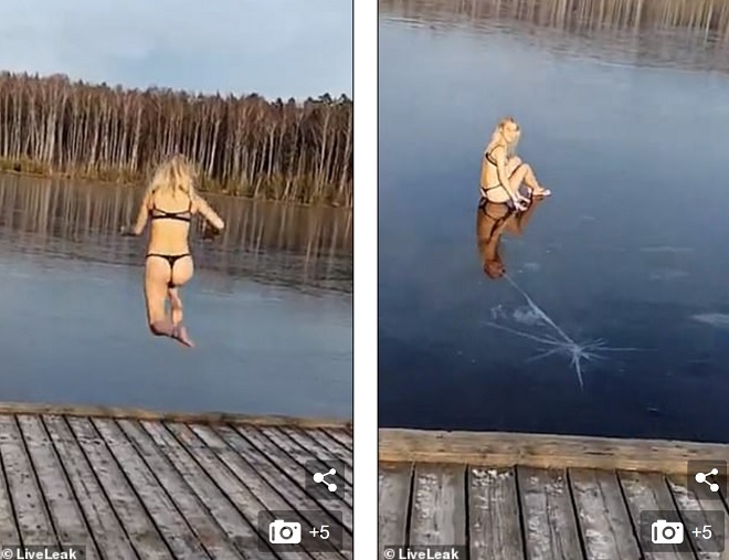 Video: Cô gái mặc đồ lót nhảy xuống hồ nước, không ngờ mặt hồ cứng quèo - 1