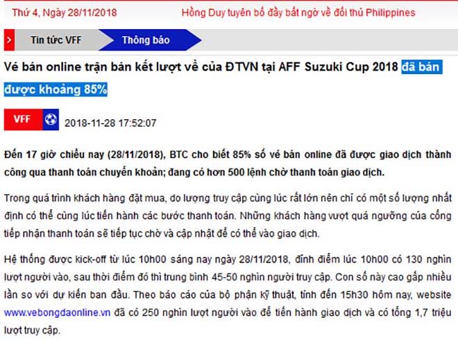 Săn vé Việt Nam – Philippines: Triệu fan sôi sục, đã bán 85% số vé - 1