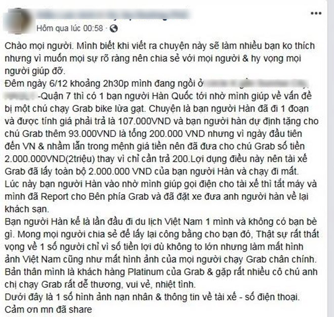 Xôn xao câu chuyện tài xế GrabBike tắt máy khi khách Hàn Quốc đưa nhầm tiền - 1