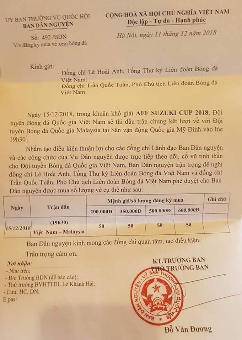 Ban Dân nguyện lên tiếng về công văn mua vé trận chung kết AFF - 1