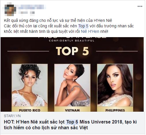 H’Hen Niê lọt Top 5 Hoa hậu Hoàn vũ 2018, cộng đồng mạng Việt Nam vỡ òa - 1