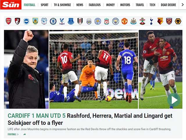 MU đại thắng Cardiff: Báo Anh khen tướng mới Solskjaer “ăn đứt” Mourinho