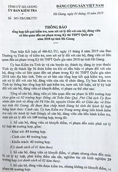 Đã có&nbsp;&nbsp;151 cán bộ, đảng viên Hà Giang liên quan đến sai phạm trong Kỳ thi THPT năm 2018 bị xử lý kỷ luật&nbsp;