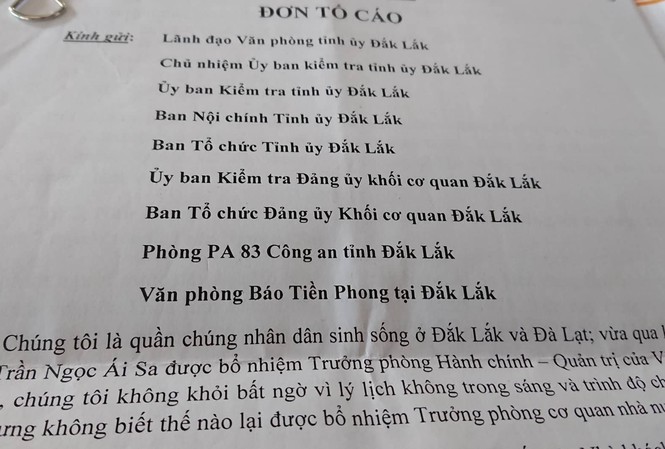 Đơn tố cáo bà Sa gửi đến báo Tiền Phong