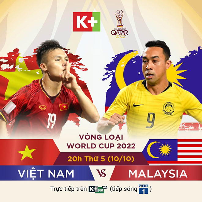 Trận đấu giữa ĐT Việt Nam và ĐT Malaysia sẽ được phát sóng trên hệ thống K+ vào lúc 20h ngày 10/10