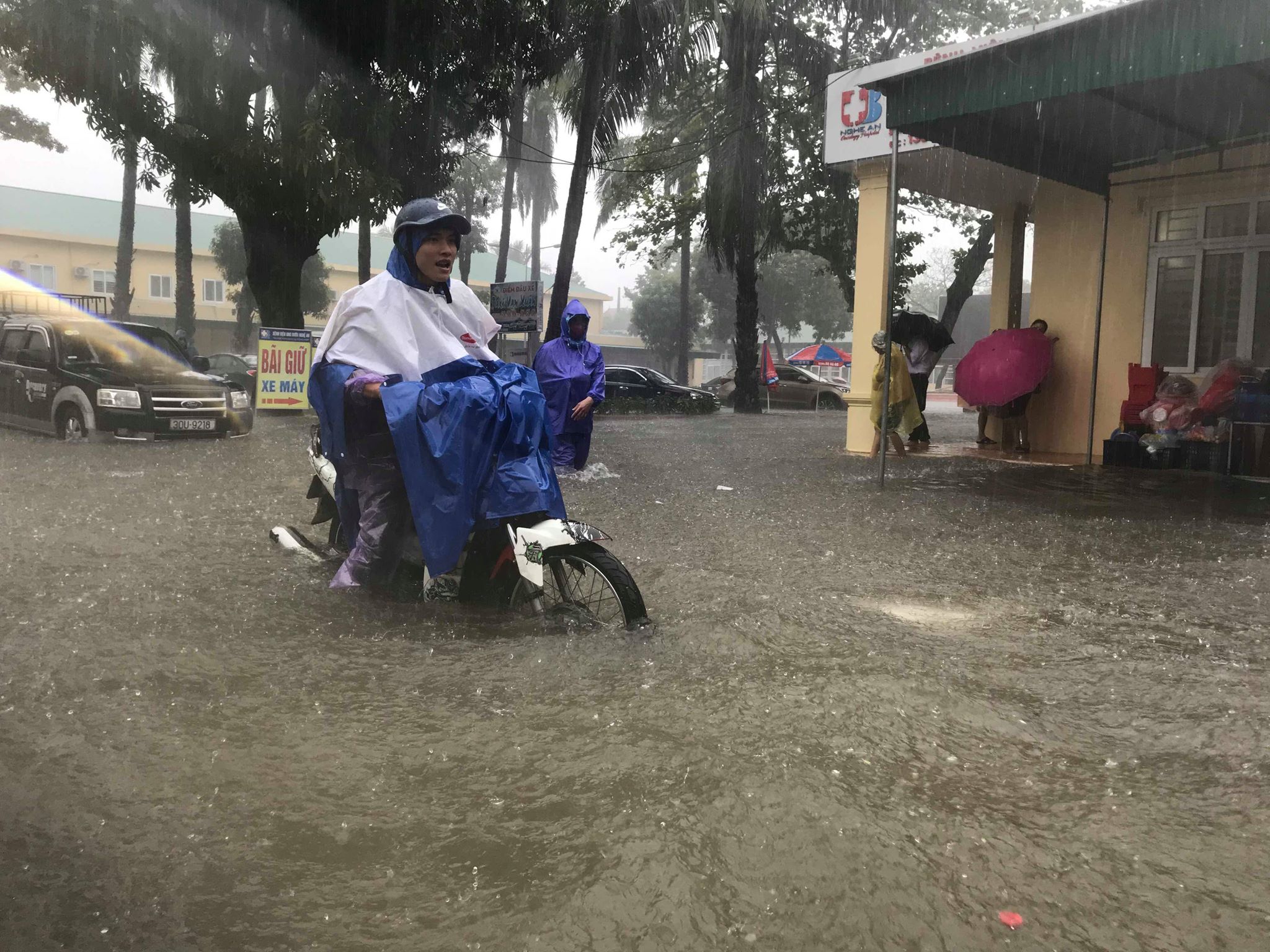 Mưa trắng trời, TP Vinh “biến” thành sông, học sinh lội nước ngang bụng về nhà - 10