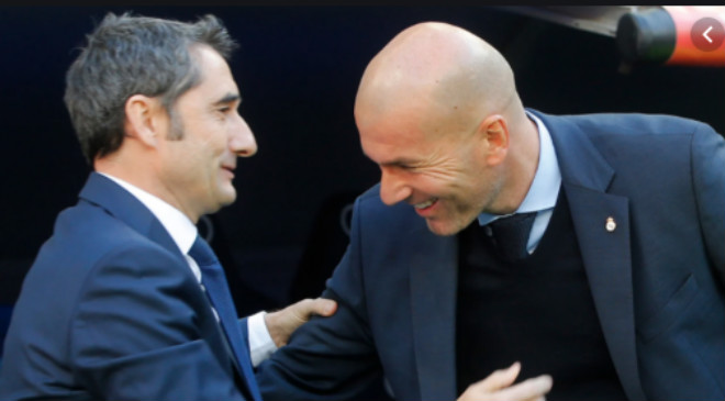 HLV Valverde (trái) không muốn lỡ hẹn cùng Barca tiếp đón Real của Zidane ở Nou Camp ngày 26/10 tới