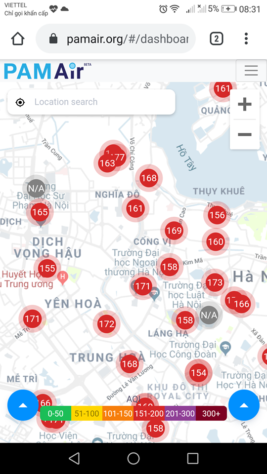 8h31 sáng nay, PAM Air cũng cho thấy nhiều nơi ở Hà Nội chất lượng không khí ở mức xấu.