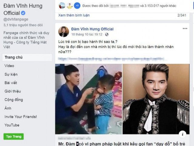 Facebook Đàm Vĩnh Hưng kích động bạo lực, vi phạm pháp luật cần bị xử lý