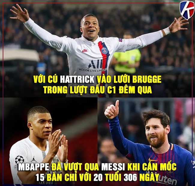 Mbappe "vượt mặt" Messi khi trở thành cầu thủ trẻ nhất ghi được 15 bàn đầu tiên tại cúp C1.