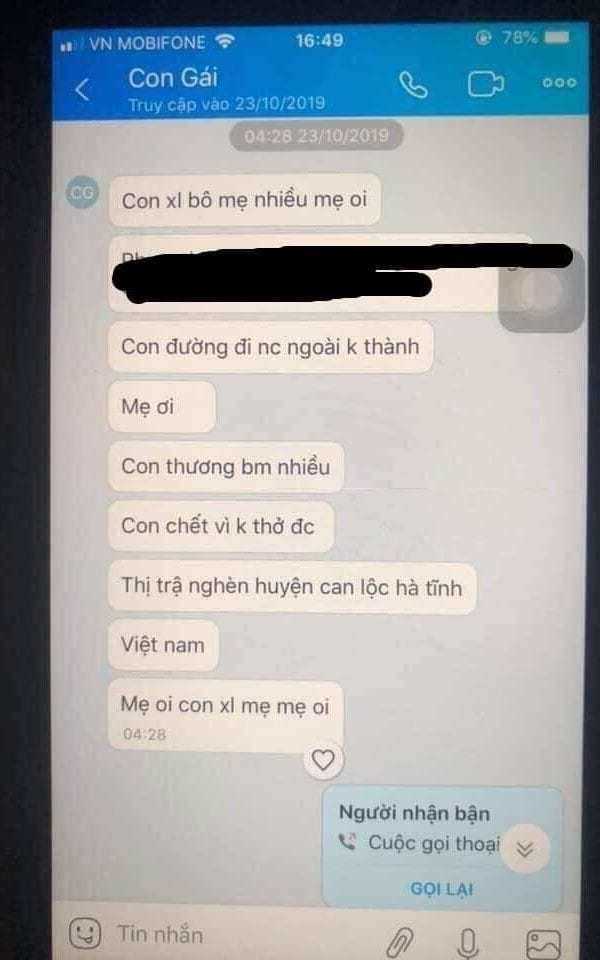 Tin nhắn cuối cùng được cho là của Phạm Thị Trà My- ảnh Telegraph