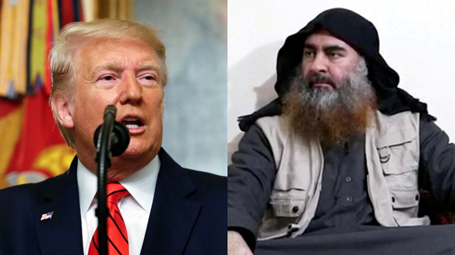 Tổng thống Mỹ Donald Trump (trái) tuyên bố tiêu diệt trùm khủng bố Baghdadi (phải).