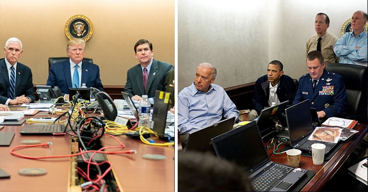 Có nhiều điểm khác biệt xung quanh bức ảnh chụp Phòng Tình huống vào 2 hôm trước (trái) và năm 2011