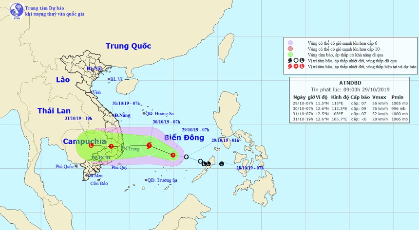 Vị trí và hướng di chuyển của áp thấp nhiệt đới trên Biển Đông. Ảnh Trung tâm Dự báo KTTVQG.