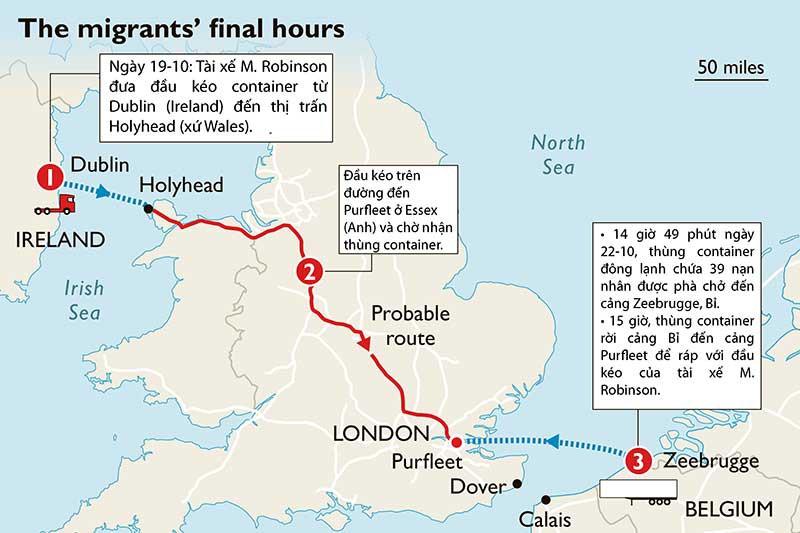 Hành trình của tài xế M. Robinson và thùng container chứa 39 thi thể.&nbsp;Đồ&nbsp;họa: THE TIMES