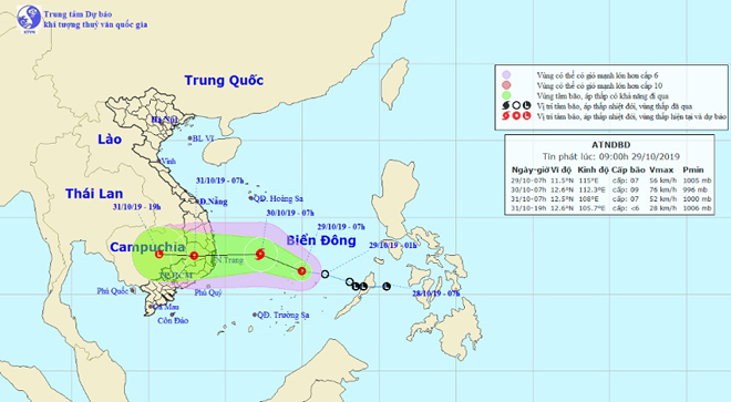 Vị trí và hướng di chuyển của áp thấp nhiệt đới trên Biển Đông. Ảnh Trung tâm Dự báo KTTVQG.