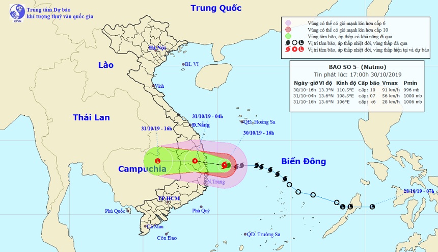 Vị trí và hướng di chuyển của bão số 5 Matmo. Ảnh: Trung tâm Dự báo KTTVQG.