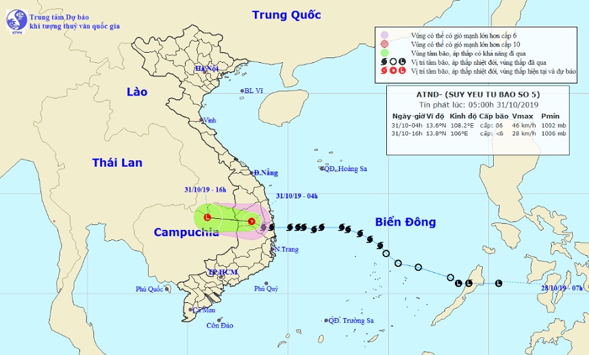 Vị trí và hướng di chuyển của áp thấp nhiệt đới suy yếu từ bão số 5 Matmo. Ảnh Trung tâm Dự báo KTTVQG.