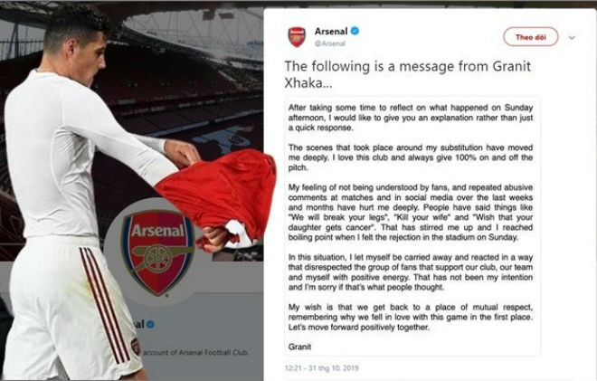 Đội trưởng Arsenal - Xhaka viết thư xin lỗi đã gây hấn với fan đội nhà