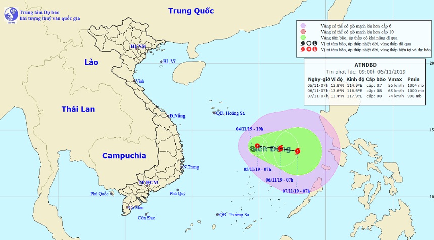 Vị trí và hướng di chuyển tiếp theo của áp thấp nhiệt đới. Ảnh: Trung tâm Dự báo KTTVQG.