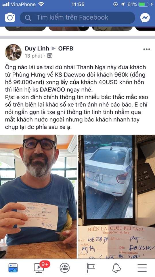 Mạng xã hội chia sẻ thông tin một du khách nước ngoài đi taxi bị chặt chém gần 1 triệu đồng cho quãng đường 5km. Ảnh chụp màn hình.