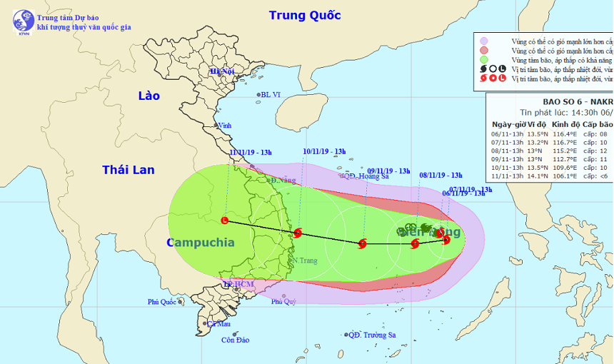 Vị trí và hướng di chuyển của bão số 6 Nakri. Ảnh: Trung tâm Dự báo KTTVQG.