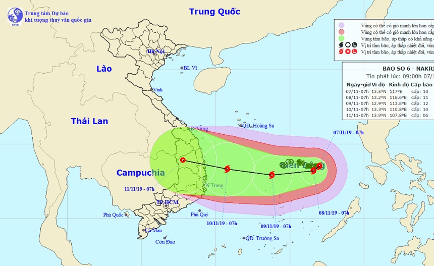Vị trí và hướng di chuyển tiếp theo của bão số 6 Nakri - Ảnh: Trung tâm Dự báo KTTVQG