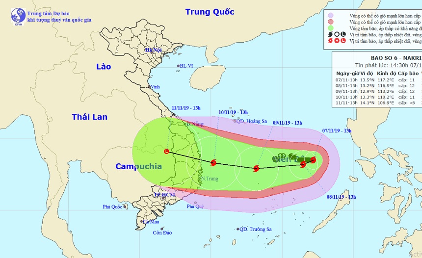 Vị trí và hướng di chuyển của bão số 6 Nakri. Ảnh Trung tâm Dự báo KTTVQG.