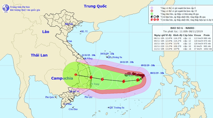 Vị trí và hướng di chuyển tiếp theo của bão số 6 Nakri. Ảnh: Trung tâm Dự báo KTTVQG.